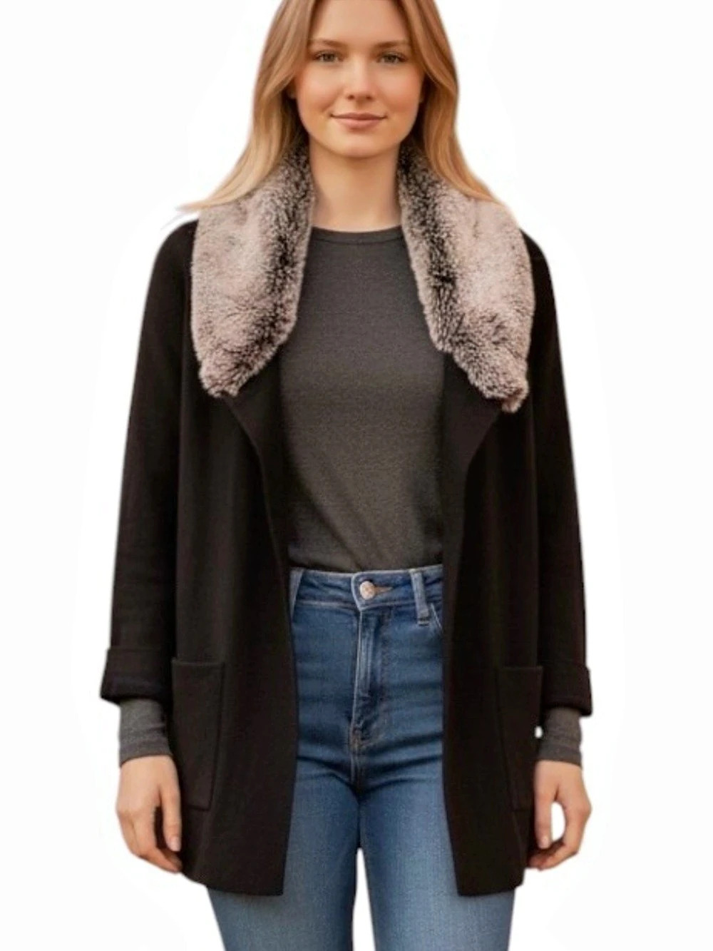 Jones NY Collection Faux Fur Collar Black Coat Like New Size Large